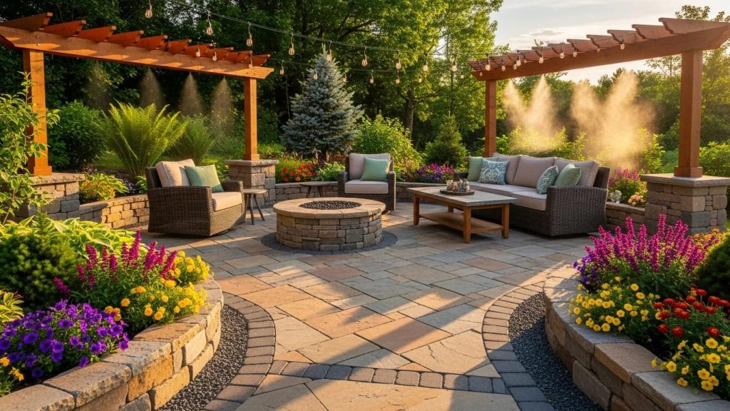 Beautifully designed hardscaped patio with natural stone elements and lush greenery