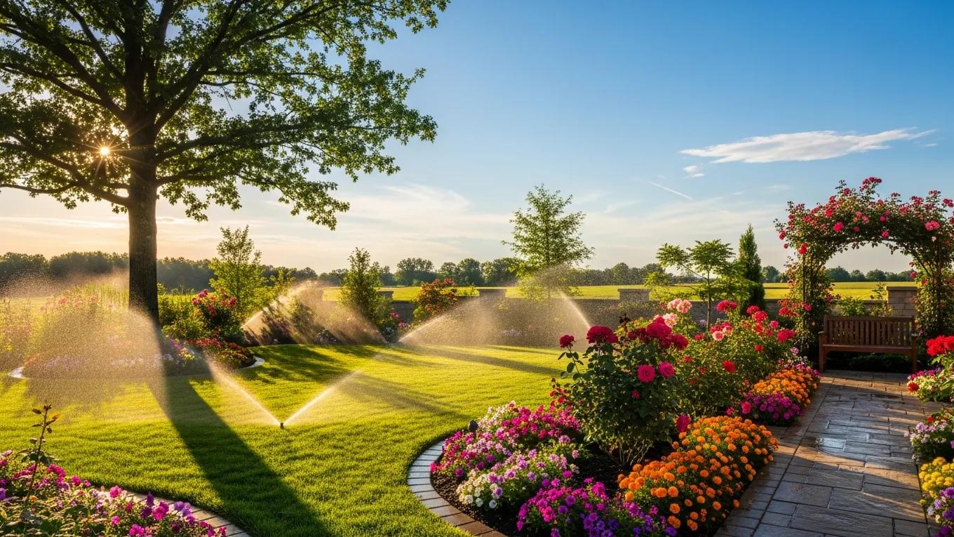 Beautifully landscaped yard with a sprinkler system enhancing property appeal and value