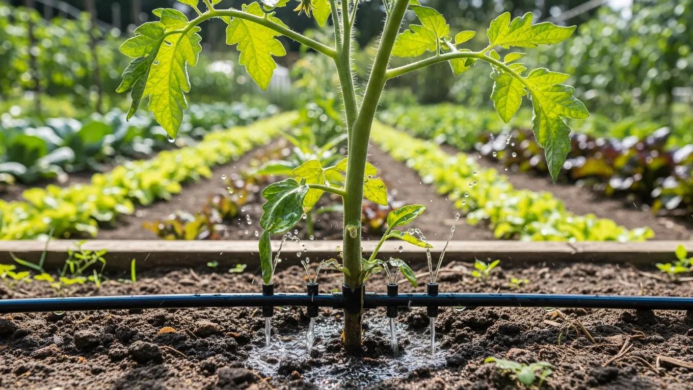Close-up of a drip irrigation system delivering water to plant roots in a thriving garden