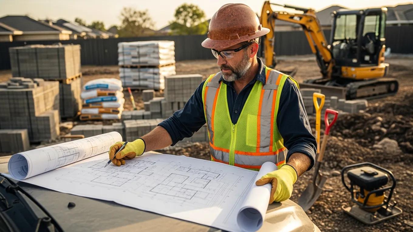 Hardscaping contractor reviewing project plans on a construction site