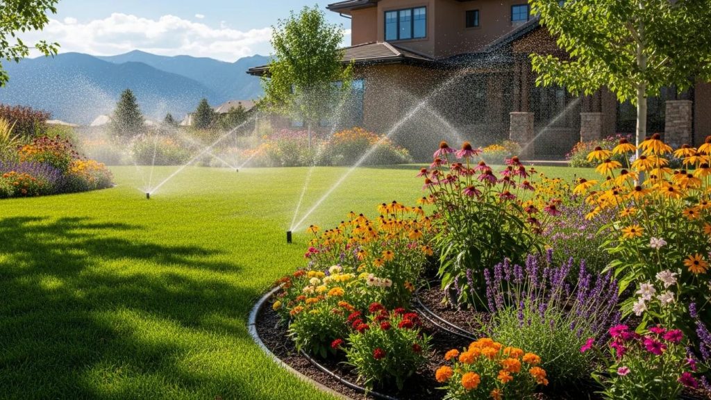 Modern irrigation system in a Colorado home garden with lush greenery and colorful flowers
