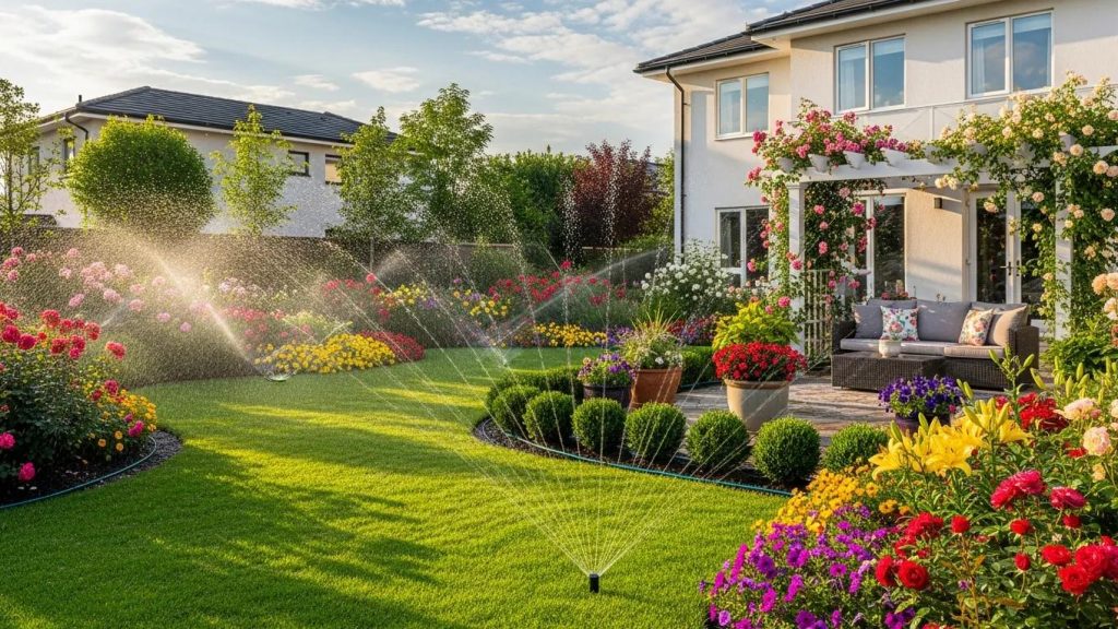Professional irrigation system in a lush residential garden