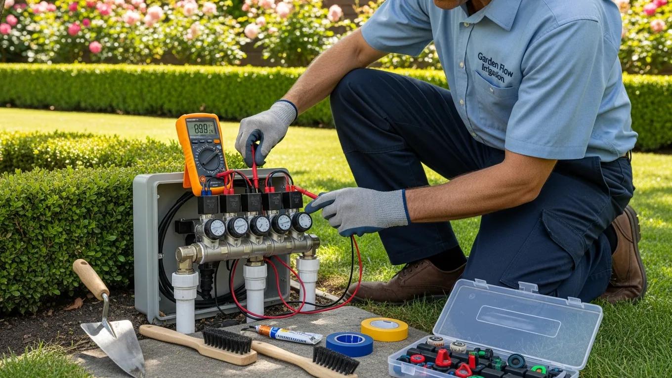 Technician performing maintenance on an irrigation system in a garden